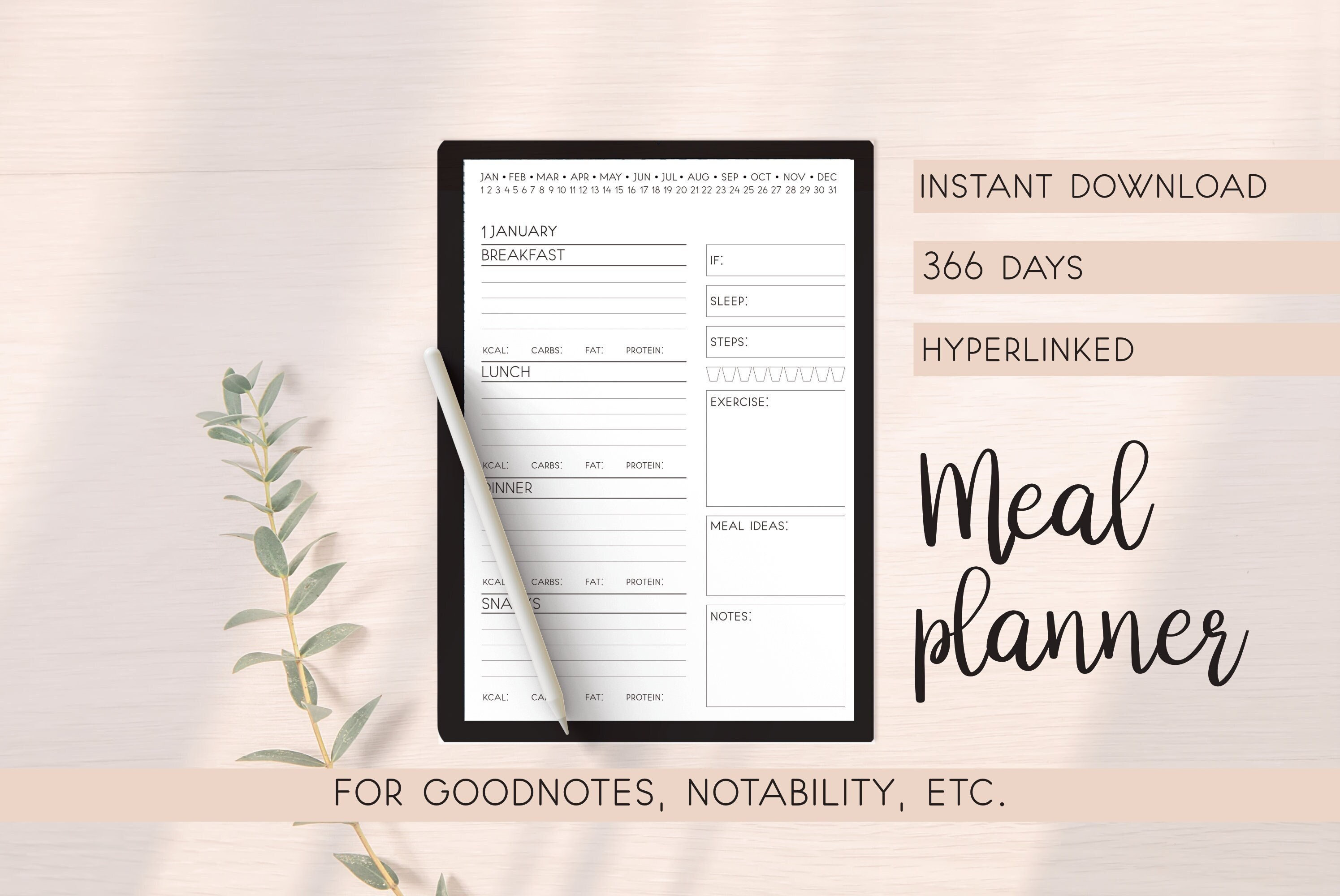 Daily Food Diary Journal, Fitness Digital Planner Template, Minimalist Diet Journal - Etsy
