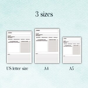 May include: Three printable job application tracker templates in US Letter, A4, and A5 sizes. Each template includes sections for company, position, contact, date applied, application, phone interview, interview, key requirements and qualifications, action to be taken, and notes.