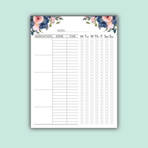 Printable medication log with pink and navy flowers and black version to print at home for caretakers