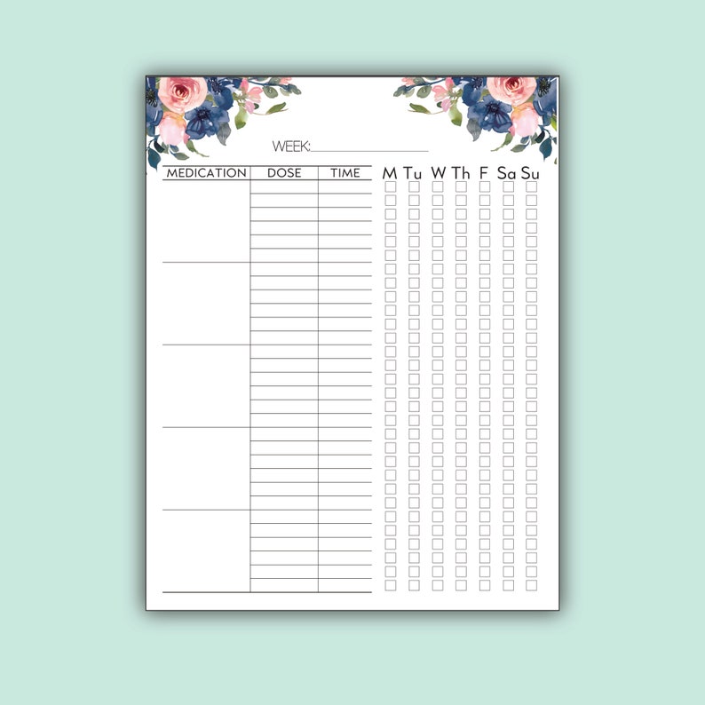 Printable medication log with pink and navy flowers and black version to print at home for caretakers