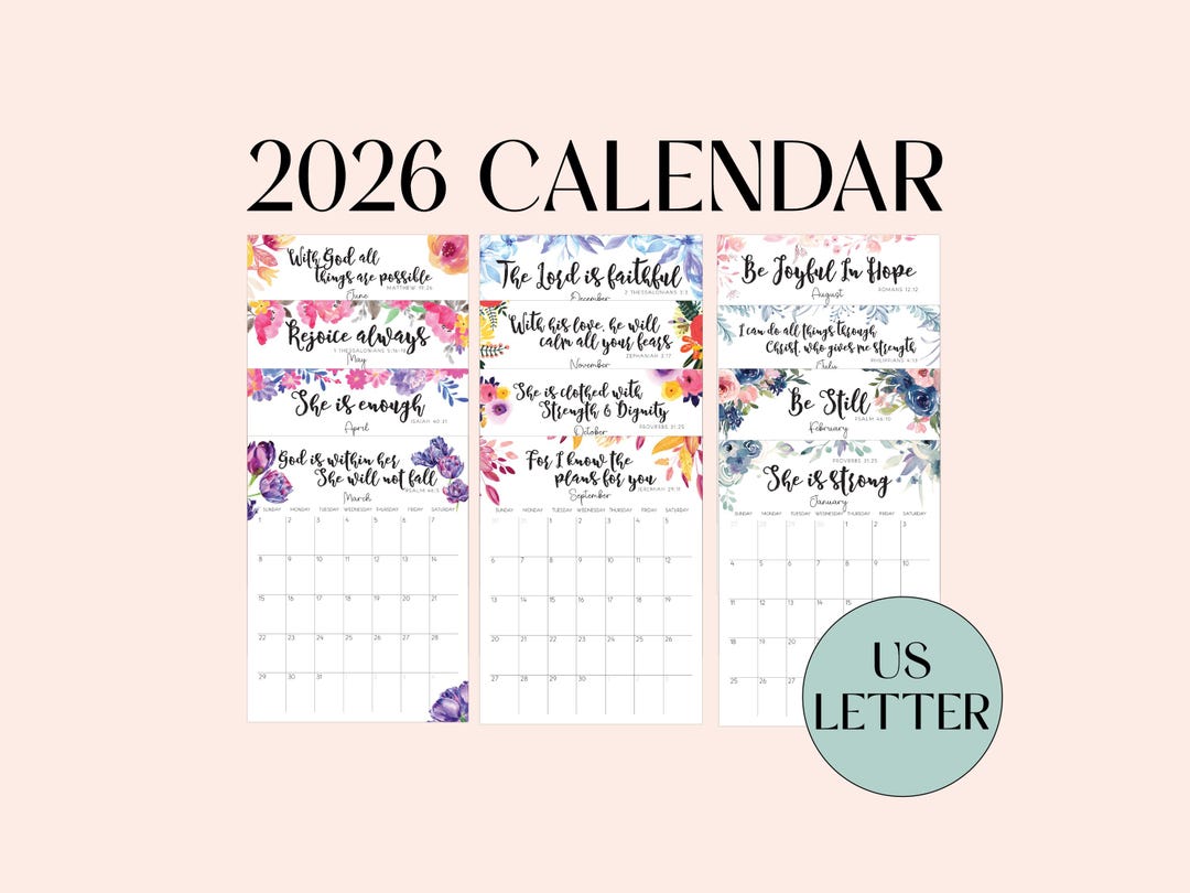 Printable 2026 Calendar, Floral Bible Quotes Planner, Sunday Start, 12 ...