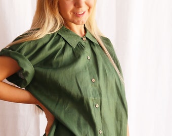 Linen shirt, Loose Fit Women Shirt in Green. Drop wide sleeves. Women eco clothing, Australia, Handmade linen clothing