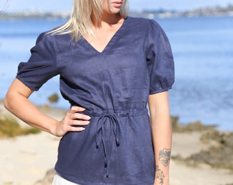 Dona Linen Top,  V-neck linen top. Loose Fit Top, Customisation, Linen Clothing Australia, Surf Clothing. Eco clothing, Yoga Linen Clothing