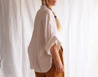 100% Linen shirt, front buttons. Stone washed, long, wide sleeves. Women eco clothing, ready to ship