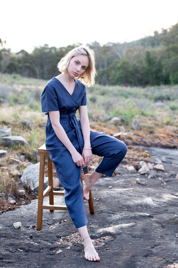 Wrap Linen Jumpsuit Waist Tie Side Pockets Overall. Women Linen Jumpsuit. Women Linen Clothing Australian Handmade Linen Clothing Linen Etsy