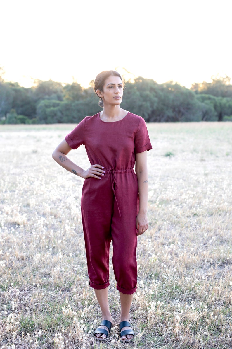 Linen Jumpsuit, Button Back, Custom Made Women Clothes. Women Linen