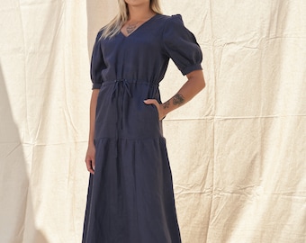 Long Linen Dress, Tie waist. Customizable, Knee-length, long sleeve simple linen dress. Women linen clothing, Australia