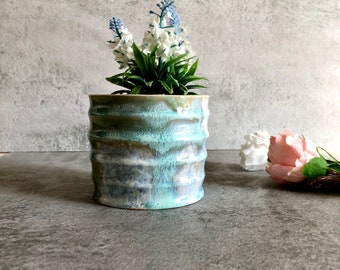 Multicolor ceramic plant pot / saucer / cachepot / pen holder / lilac green and light blue storage