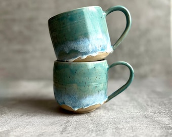 Turquoise and white gradient ceramic tea cups with handle / light stoneware available with or without saucer 400 ml