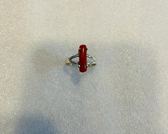 Natural Red Coral Ring: Handmade 925 Silver Solitaire