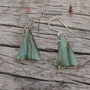 Handmade Labradorite Hoop Earrings: 925 Sterling Silver Dangle Gemstone