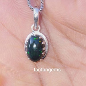 Black Opal Pendant: Oval Cabochon, 925 Sterling Silver, October Birthstone