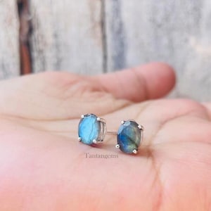 Oval Labradorite Stud Earrings: 925 Sterling Silver, 8x6mm