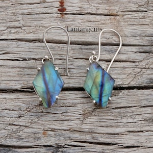 Hammered Labradorite Hoop Earrings: 925 Sterling Silver Dangle, Gemstone Wedding Jewelry
