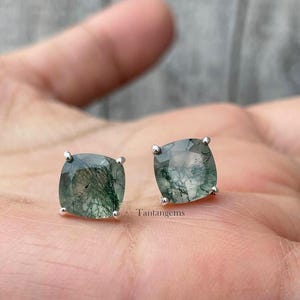 Cushion Shaped Moss Agate Stud Earring, Everyday Earrings For Women,  Gold Plating Earring, Moss Agate Women Jewelry,Birthstone Jewelry