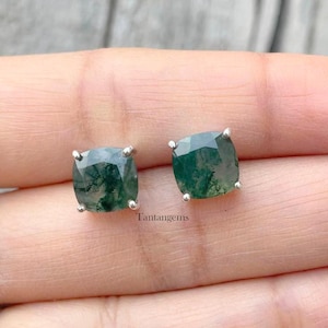 Cushion Shaped Moss Agate Stud Earring, Everyday Earrings For Women,  Gold Plating Earring, Moss Agate Women Jewelry,Birthstone Jewelry
