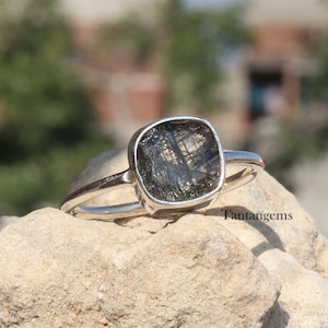 Natural Black Rutile Ring - 925 Silver Ring - Wedding Rutile Ring - Gift to her Ring - Natural Gemstone Ring - Rutile Ring - Cushion  Ring