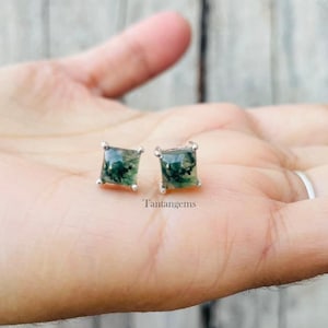 Moss Agate Stud Earring, Everyday Earrings For Women,  Gold Plating Earring, Moss Agate Cushion Cab Shaped Women Jewelry,Birthstone Jewelry