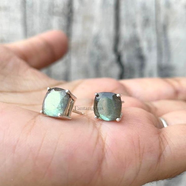Cushion Labradorite Stud Earrings: 925 Sterling Silver, 8x8mm Gemstone