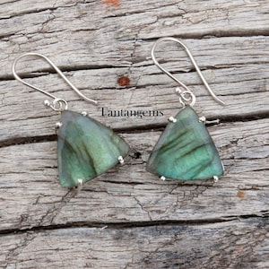 Handmade Labradorite Dangle Earrings: 925 Silver Gemstone Hoops