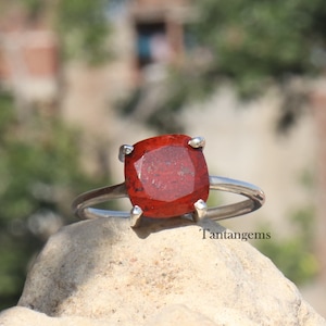 Handmade Red Jasper Ring: 925 Sterling Silver, Cushion Cut