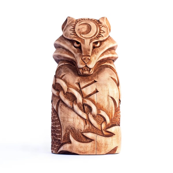Fenrir wooden statuette. Fenrir statue. Handmade wooden statuette Fenris-wolf. Fenrisúlfr state, Odin statue. Freya , Scandinavian gods
