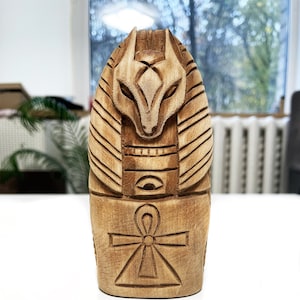 Anubis god handmade statuette. Ancient Egyptian religion. Anpu god. God of death from wood. Golden wolf Anubis