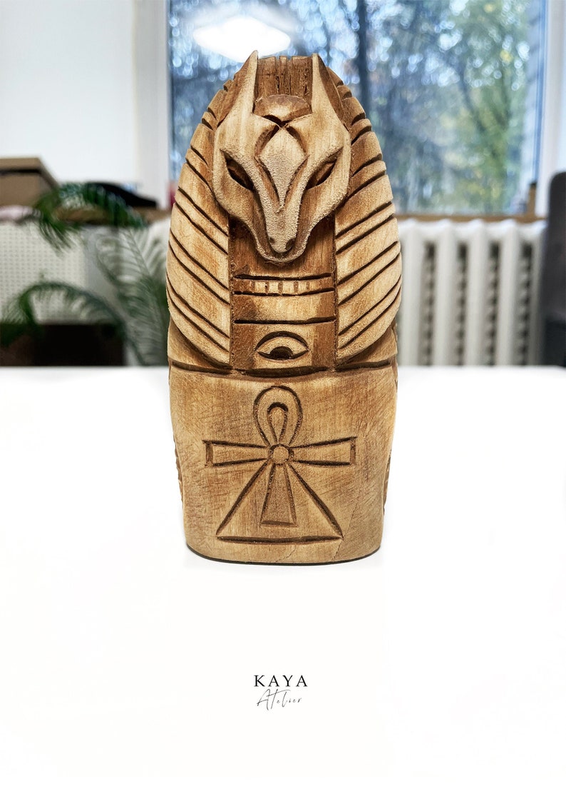 Anubis god handmade statuette. Ancient Egyptian religion. Anpu god. God of death from wood. Golden wolf Anubis image 1