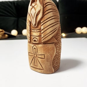 Anubis god handmade statuette. Ancient Egyptian religion. Anpu god. God of death from wood. Golden wolf Anubis image 2