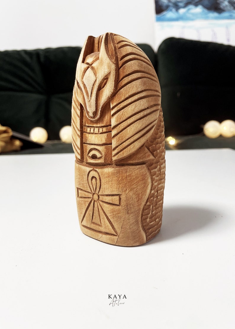 Anubis god handmade statuette. Ancient Egyptian religion. Anpu god. God of death from wood. Golden wolf Anubis image 2