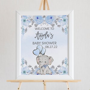 Baby Blue Elephant Welcome Sign Template, Light Blue and Gray Elephant, Baby Shower Welcome Sign, Its A Boy, Instant Download Edit at Corjl