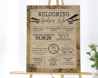 World Map Vintage Baby Shower Welcome Sign, Old World, Pregnancy Stats, Pregnancy Milestone Editable Template, Adventure Map Edit with Corjl