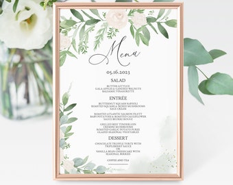 Greenery and White Floral Editable Menu Template, Personalized Wedding Menu, Greenery Watercolor Floral Dinner Menu, Editable Menu, Corjl L3