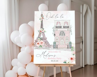 Paris Birthday Welcome Sign: Eiffel Tower, Pink Floral (Editable Template)