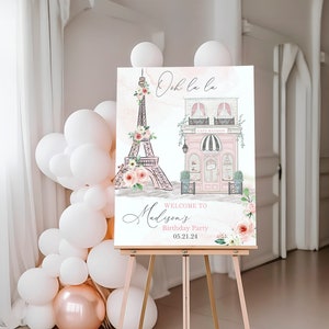 Paris Eiffel Tower Welcome Signs, French Patisserie, Parisian Cafe, French Birthday, Blush Pink Floral, Eiffel Tower Editable Template Corjl