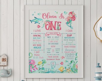 Under The Sea 1st Birthday Milestone Sign: Pink Teal Watercolor (Digital Download)