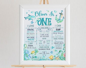 Under The Sea 1st Birthday Milestone Sign: Teal Watercolor (Editable Template)