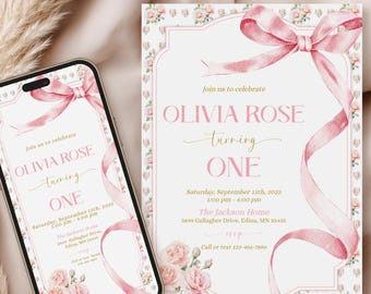 Pink Bow Birthday Invitation: Roses, Editable Template (Digital Invites)