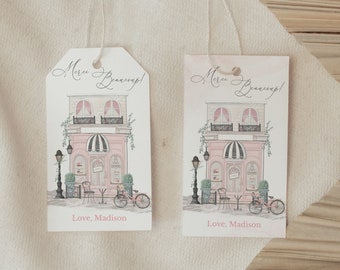 Paris Favor Tag Template: Eiffel Tower, Pink Floral (Editable, Digital)