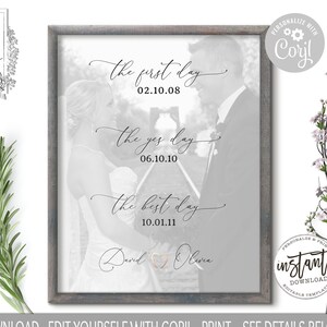 May include: A printable wedding sign with a black and white photo of a couple. The sign has the text "the first day 02.10.08", "the yes day 06.10.10", "the best day 10.01.11", and "David & Olivia".