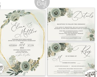 Sage Green Geometric Wedding Invitation Suite (Corjl Printable)