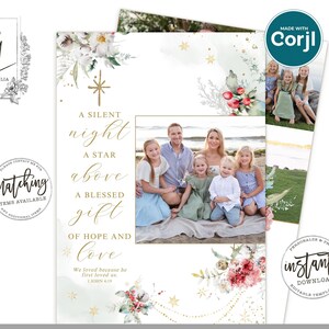 Photo Christmas Card Template, Christmas Greeting Card, Editable Holiday Card, Christmas Florals, Holiday Photo Card Template, Edit at Corjl