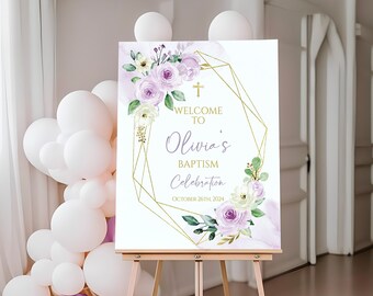 Lilac Floral Baptism Welcome Sign: Editable Corjl Template