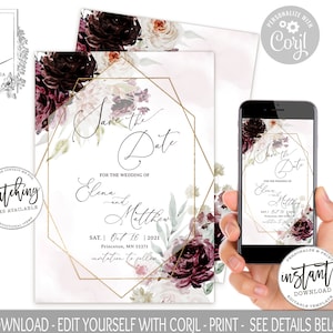 Burgundy Floral Save the Date Template: Geometric Wedding Invite (Digital)