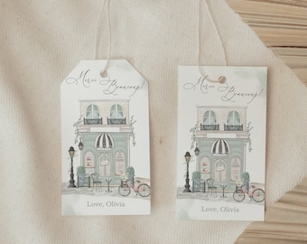 Paris Bridal Shower Favor Tags: Eiffel Tower, Parisian Cafe (Editable Printable Template)