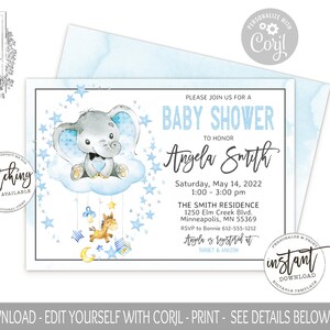 Blue Elephant Baby Shower Invitation Template, Editable Invite, Boy Baby Shower, Cute Elephant, Bow Tie, Jungle Invite, Its a Boy, Corjl
