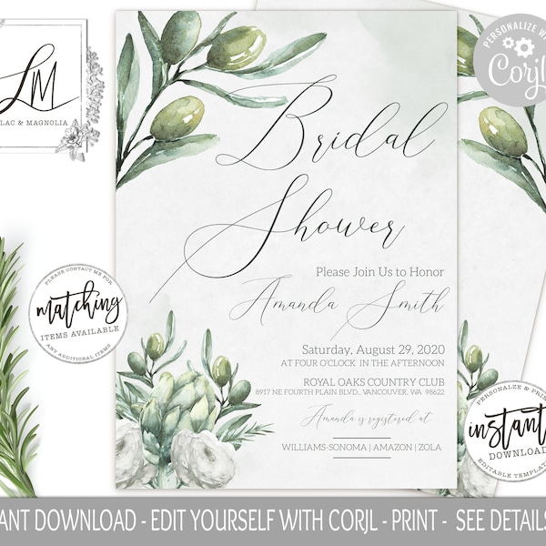 Italian Garden Tuscan Bridal Shower, Greenery Bridal Shower Invitation, White Flower Olive Branch Bridal Shower Invitation Editable at Corjl