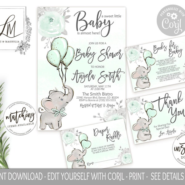 Mint Elephant Baby Shower Invitation Template Suite, Printable Invitations, Gender Neutral Invite, Mint and Gray Elephant Boy or Girl, Corjl