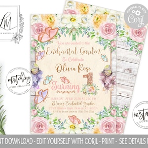 Enchanted Garden EDITABLE INVITATION, Pastel Flower Garden Party Theme, Floral First Birthday, Pink and Rose Gold, Butterfly, Edit at Corjl