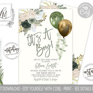 Sage and Gold Baby Shower Editable Invitation Template, Sage Green And Gold Balloons, Boy or Girl Printable Invite, Instant Download, Corjl